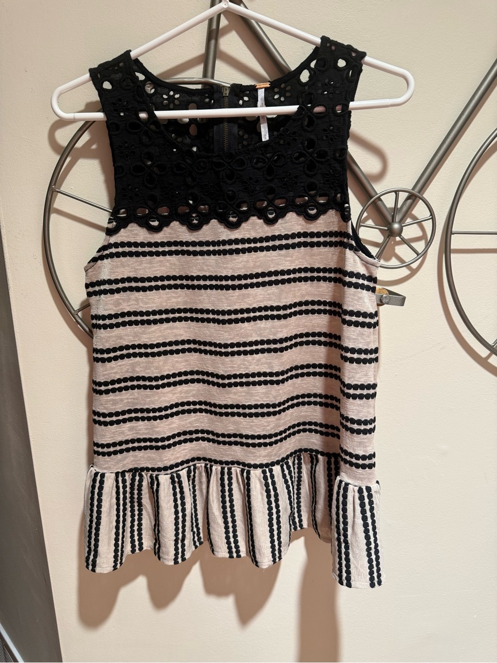 Free People Size S Striped Peplum Tank Top Eyelet Crochet Yoke Back Zip Boho